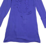 REISS Womens Blue Silk Day Dress V-Neck Long Sleeve UK 6 Elegant Ruffle Detail