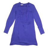 REISS Womens Blue Silk Day Dress V-Neck Long Sleeve UK 6 Elegant Ruffle Detail