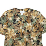 CATHY CHO Womens Brown & Beige Floral Printed Top Short Sleeve Round Neck L