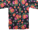 Womens Black Floral Printed Shirt 3/4 Sleeve Collared L Vibrant Summer Top