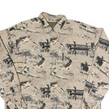 NORTH RIVER Mens Beige Fishing Print Cotton Shirt L Outdoor Angling Pattern