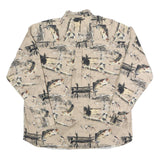 NORTH RIVER Mens Beige Fishing Print Cotton Shirt L Outdoor Angling Pattern