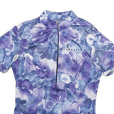 SHE BEEST Womens Blue & Purple Floral Graphic T-Shirt S Short Sleeve Zip Neck