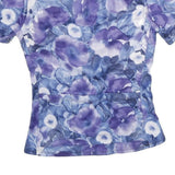 SHE BEEST Womens Blue & Purple Floral Graphic T-Shirt S Short Sleeve Zip Neck
