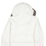 TOMMY HILFIGER Womens White Button Puffer Jacket M Polyester Blend Faux Fur Hood
