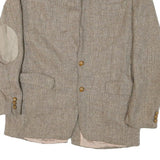 Mens Beige Cotton Blend Herringbone Jacket M Tailored Lapel Zip Elbow Patches
