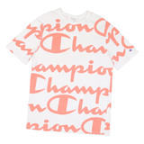 CHAMPION Mens White & Peach Logo Graphic T-Shirt L Short Sleeve Crew Neck