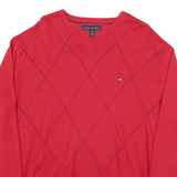TOMMY HILFIGER Mens Red Patterned V-Neck Jumper Cotton Blend L Classic Knitwear