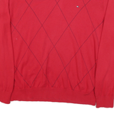 TOMMY HILFIGER Mens Red Patterned V-Neck Jumper Cotton Blend L Classic Knitwear