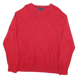 TOMMY HILFIGER Mens Red Patterned V-Neck Jumper Cotton Blend L Classic Knitwear