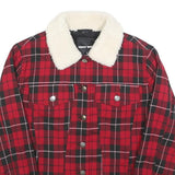 TALLY WEIJL Womens Red Black Check Button Cotton Jacket S Sherpa Collar Stylish