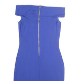 KAREN MILLEN Womens Blue Bodycon Cotton Blend Midi Dress UK 6 Off Shoulder Zip