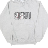 GILDAN Womens Grey Softball Pullover Hoodie L Printed Sports Sweatshirt