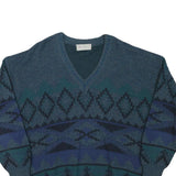 JOCKEY Mens Blue Patterned V-Neck Jumper Chunky Knit L Wool Blend Warm Casual
