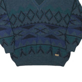 JOCKEY Mens Blue Patterned V-Neck Jumper Chunky Knit L Wool Blend Warm Casual