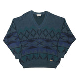 JOCKEY Mens Blue Patterned V-Neck Jumper Chunky Knit L Wool Blend Warm Casual