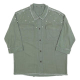 Womens Green Oversized Shirt M Pearl Embellished Fray Detail Casual