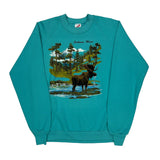 Moose In Forest Print Jerzees Graphic Sweatshirt - Large Green Cotton
