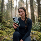 Powder Blue Forest Mist Samsung Galaxy S25 Case - Lifestyle photo showing phone case in use