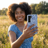 Powder Blue Porcelain Samsung Galaxy S25 Case - Lifestyle photo showing phone case in use