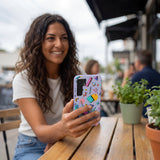 Lavender Retro Grid Samsung Galaxy S25 Case - Lifestyle photo showing phone case in use