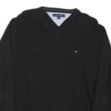 TOMMY HILFIGER Mens Black Plain V-Neck Basic Knit Jumper L Cotton Blend Classic