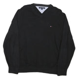 TOMMY HILFIGER Mens Black Plain V-Neck Basic Knit Jumper L Cotton Blend Classic