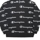 CHAMPION Mens Black Hoodie 2XL Cotton Blend Pullover All Over Logo Print