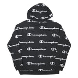 CHAMPION Mens Black Hoodie 2XL Cotton Blend Pullover All Over Logo Print