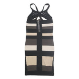 KAREN MILLEN Womens Black & Beige Striped Bodycon Knit Sleeveless Midi Dress S