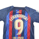 NIKE Mens Blue Red Barcelona Football Shirt S Short Sleeve Crew Neck Lewandowski