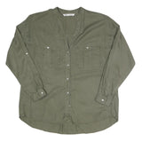 ZARA Womens Green Basic Long Sleeve Button Neck Shirt M Casual Cotton Blend Top