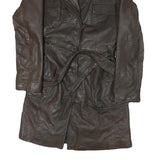 Womens Brown Leather Button Jacket M Plain Classic Fit Belted