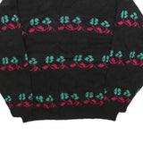 HELIUM Womens Black Patterned Jumper Round Neck Basic Knit M Floral Design