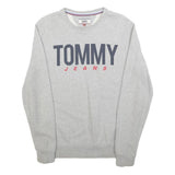 TOMMY JEANS Mens Grey Sweatshirt Crew Neck S Logo Print Cotton Blend Casual