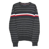 TOMMY HILFIGER Mens Grey & Red Striped Patterned Cotton Crew Neck Jumper S