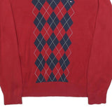 TOMMY HILFIGER Mens Red & Navy Patterned Jumper V-Neck Basic Knit M Classic