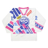 ADIDAS Mens White & Blue & Pink Graphic T-Shirt Long Sleeve V-Neck L Drawstring