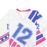 ADIDAS Mens White & Blue & Pink Graphic T-Shirt Long Sleeve V-Neck L Drawstring