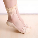 Anyfootwear 5 Pairs Women's Transparent Lace Socks Size 5-9 Breathable Silk Crystal Glass Stretch Embroidery Summer Fashion Socks Beige
