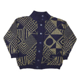 JESSICA Womens Navy & Gold Patterned Button Up Chunky Knit M Jumper Acrylic