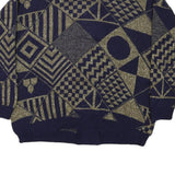 JESSICA Womens Navy & Gold Patterned Button Up Chunky Knit M Jumper Acrylic