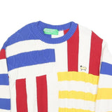 BENETTON Womens Blue & Red Patterned Cotton Jumper Cable Knit M Colourblock Crew