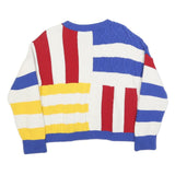 BENETTON Womens Blue & Red Patterned Cotton Jumper Cable Knit M Colourblock Crew