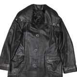 Womens Black Faux Leather Coach Jacket L Leather Plain Button Long Sleeve