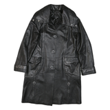 Womens Black Faux Leather Coach Jacket L Leather Plain Button Long Sleeve