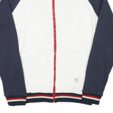 GUESS Mens White & Navy Zip Front Cotton Blend Jacket L Striped Ribbed Collar