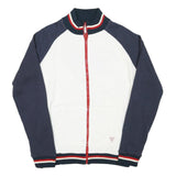 GUESS Mens White & Navy Zip Front Cotton Blend Jacket L Striped Ribbed Collar