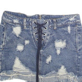 HONEYBUM Womens Blue Distressed Denim Mini Cotton Skirt M Lace Up Frayed Hem