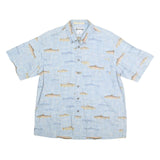 COLUMBIA Mens Blue & Beige Fish Print Cotton Shirt L Casual Outdoor Button-Down